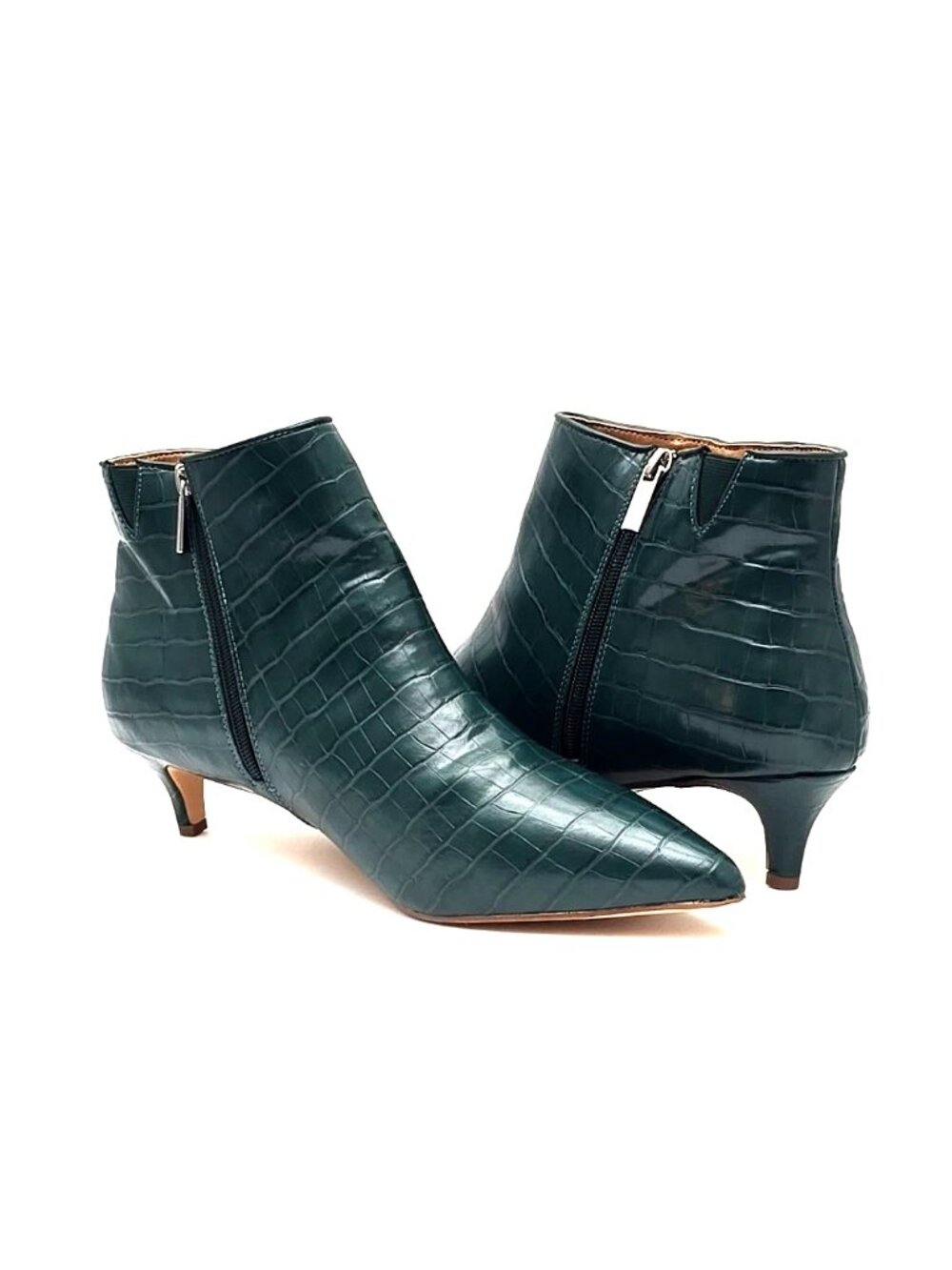 comfortview Dark Green Croc-Embossed Pointed Kitten Heel Ankle Boots